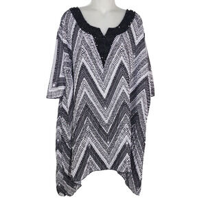 Catherines Top Women Size 4X Blouse V Neck Beaded Chevron Shark Bite Hem Crinkle